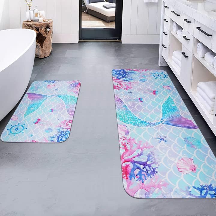 FRAMICS Juego de 2 tapetes de baño de sirena, tapetes de baño rosa y azul para niñas, alfombras de baño suaves y absorbentes, antideslizantes, para
