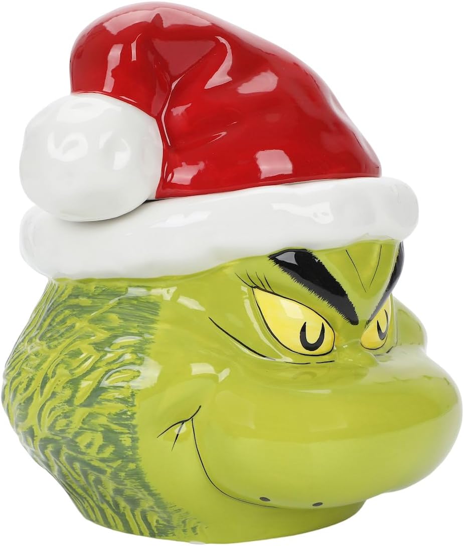 Bioworld La cabeza del personaje del Grinch con el sombrero de Papá Noel esculpido tarro de galletas de cerámica