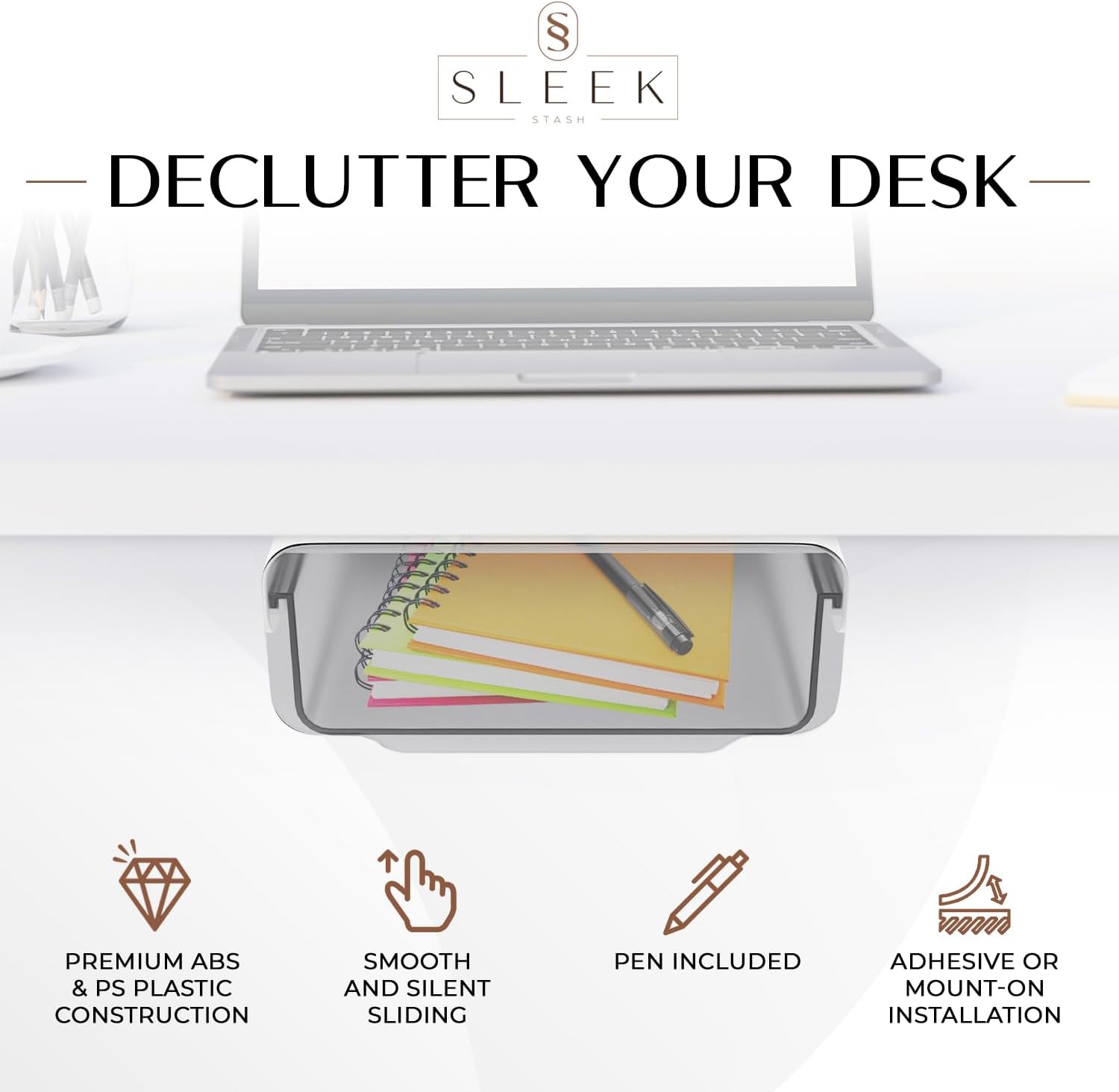Sleek Stash Paquete de 2 organizadores de cajones para debajo del escritorio, deslizables, accesorio adhesivo para cajón de escritorio con bolígrafo