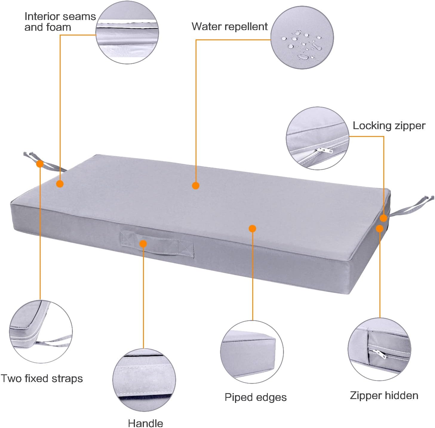 Cojín de banco para exteriores, 48 x 18 pulgadas, impermeable, para columpios, muebles de jardín, patio, con asa y correas antideslizantes para