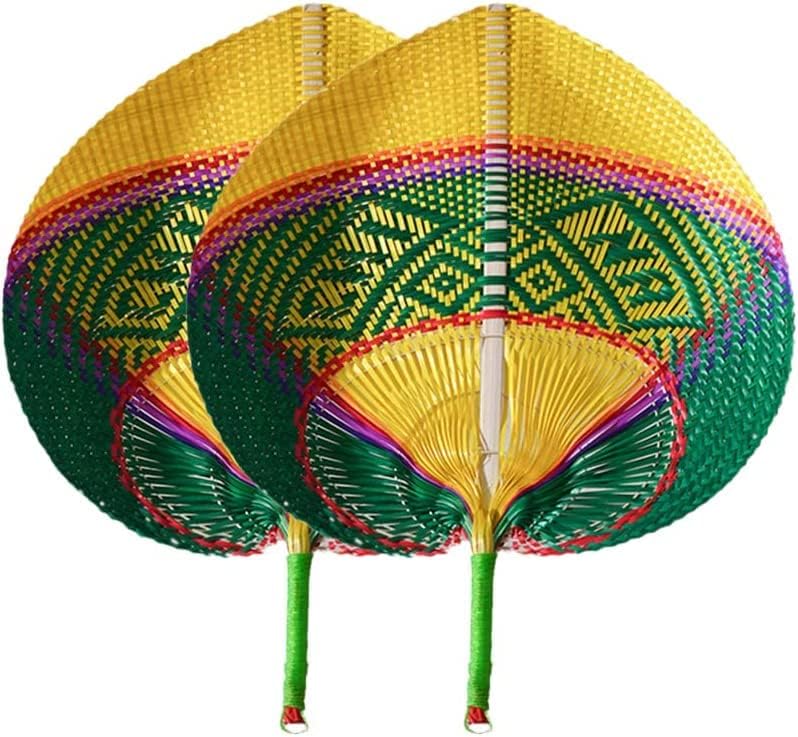 Ykybhx 2 abanicos de tejido a mano de rafia de bambú natural de verano, abanicos tejidos con hojas de palma, hechos a mano, diseño plegable tejido