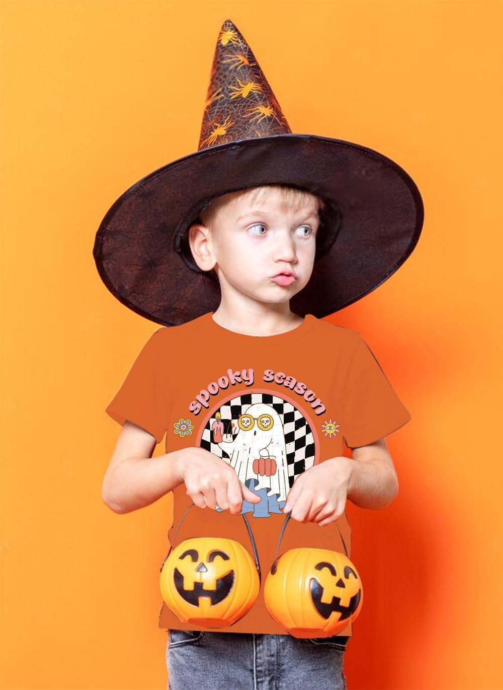 Blinket Camiseta de Halloween para niños pequeños, camisa de fantasma de calabaza negra y blanca, a cuadros, estampado naranja, manga corta,