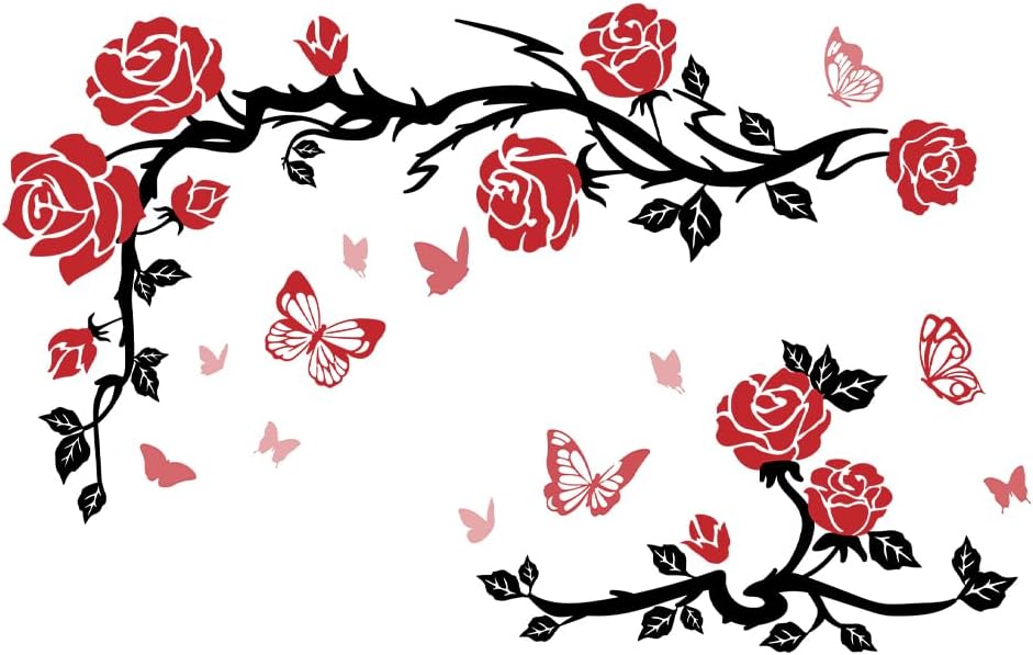 SUPERDANT Calcomanías románticas de pared de rosas rojas, mariposas rojas, calcomanías de pared con ramas negras, hojas, decoración de pared para el