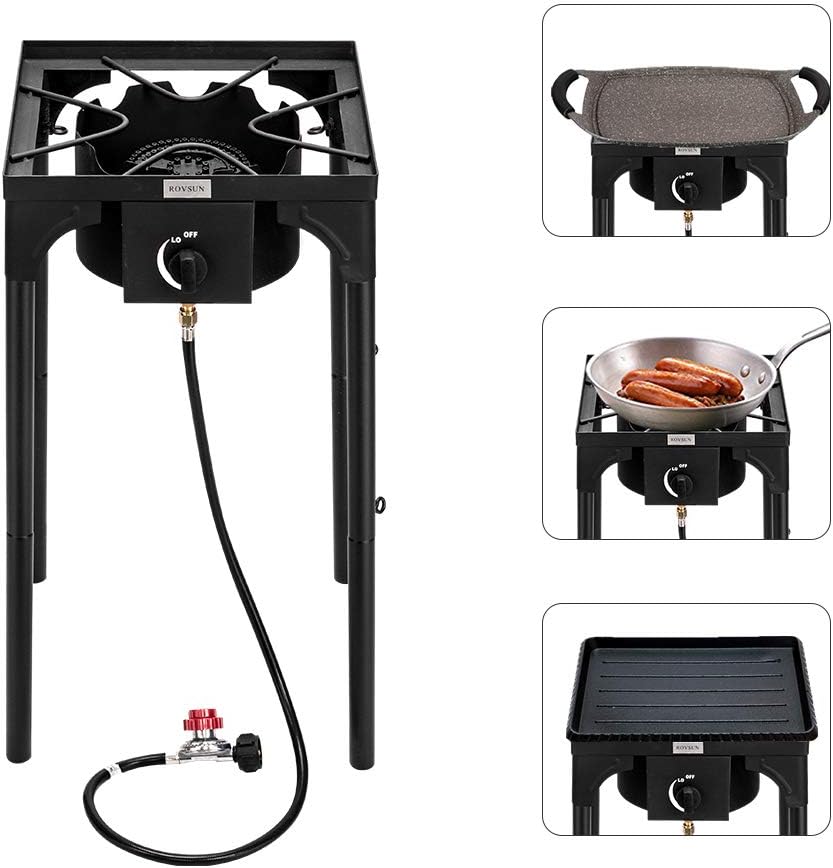 Bonnlo Estufa de gas de propano portátil para exteriores, quemador de hierro fundido resistente con patas de soporte desmontables para cocinar en