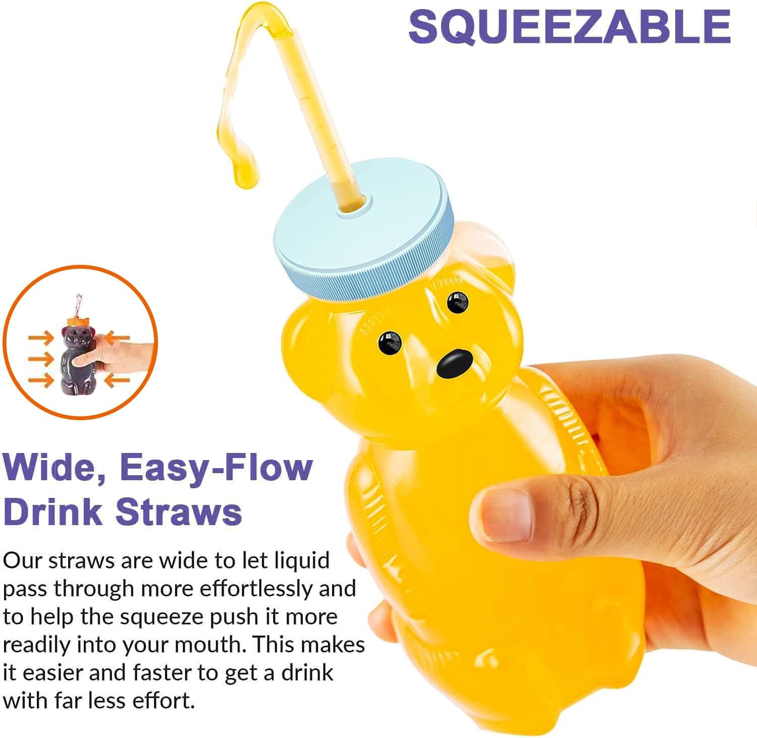 Honey Bear – Vasos con popote para bebés, paquete de 1 unidad, taza de oso de paja de 8 onzas con diseño de tapa de seguridad mejorado, popote para
