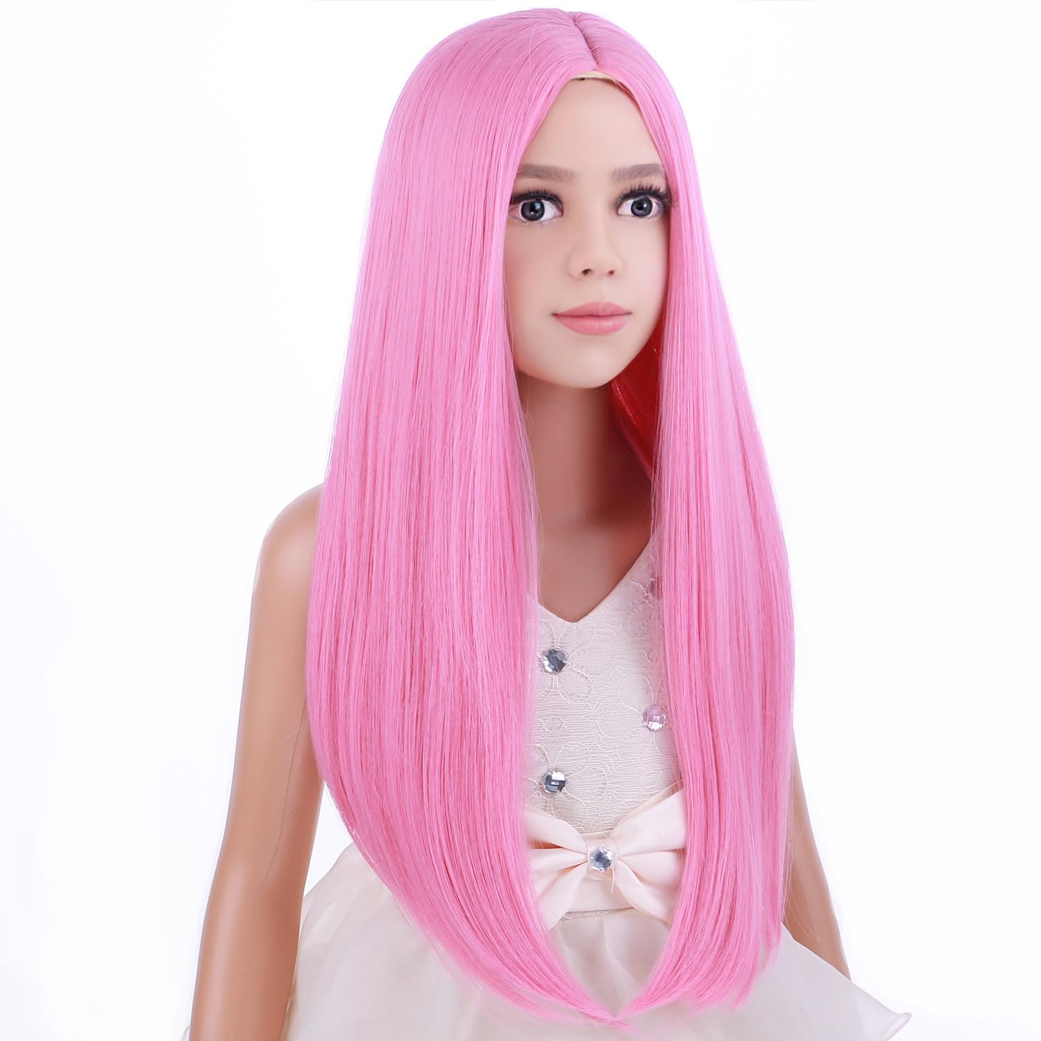 Peluca rosa larga y recta para niños, peluca rosa larga y recta para niñas, pelucas sintéticas largas con gorra de peluca