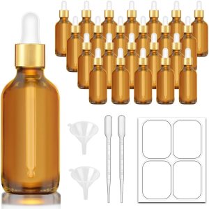 Botella cuentagotas de 2 onzas, botellas de cristal ámbar con tapa superior dorada para aceites esenciales, paquete de 24 botellas de tintura con Botella cuentagotas de 2 onzas, botellas de cristal ámbar con tapa superior dorada para aceites esenciales, paquete de 24 botellas de tintura con