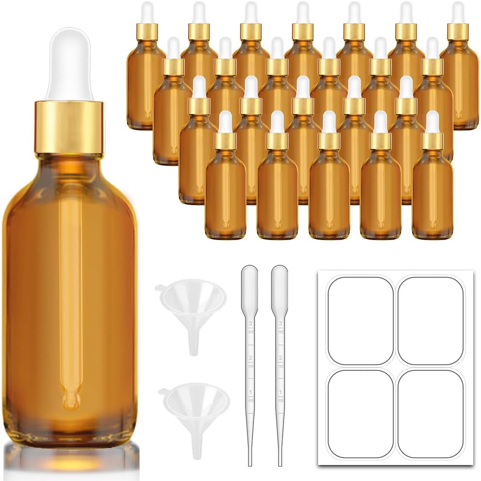 Botella cuentagotas de 2 onzas, botellas de cristal ámbar con tapa superior dorada para aceites esenciales, paquete de 24 botellas de tintura con