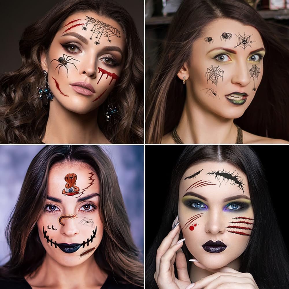 9 hojas de tatuajes temporales de Halloween, cicatrices de heridas de terror, impermeables, tatuajes adhesivos para fiestas de máscaras,