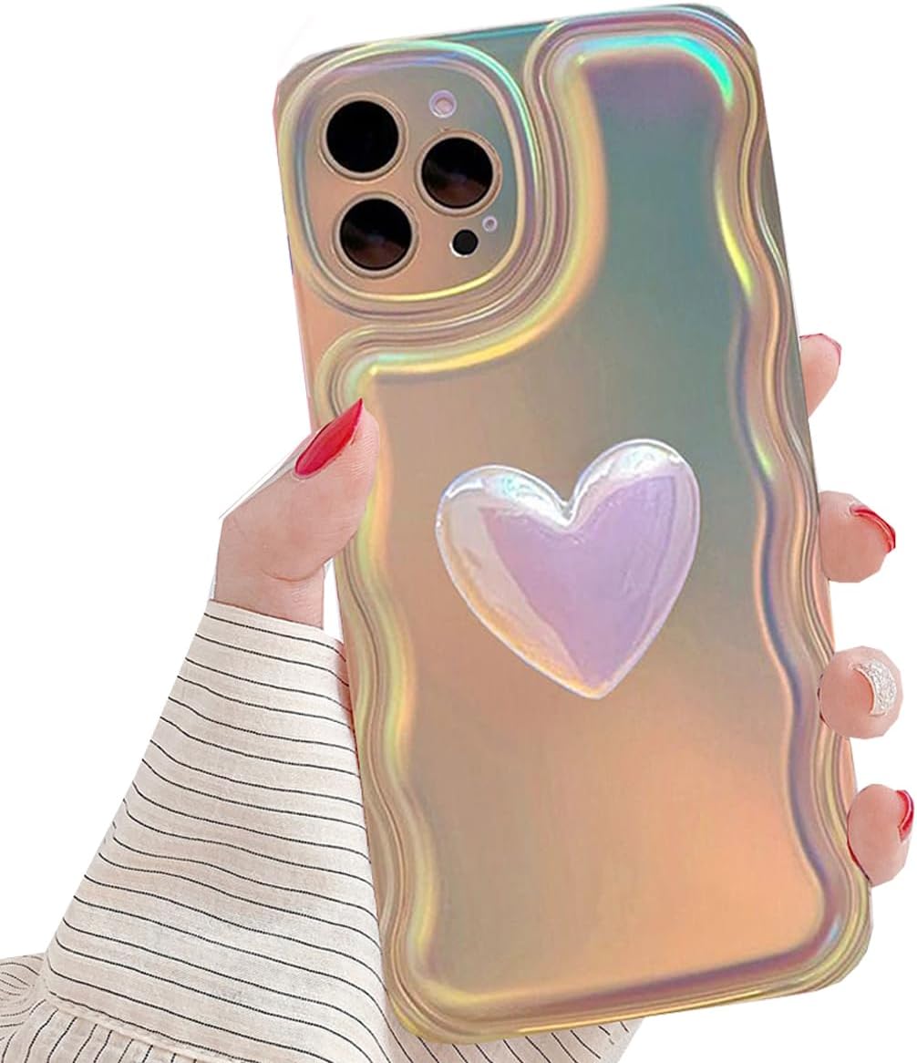 Changjia Funda para iPhone 14 Pro Max para mujer, bonita funda holográfica 3D con diseño de corazón y corazón, brillante, marco de onda de luz a