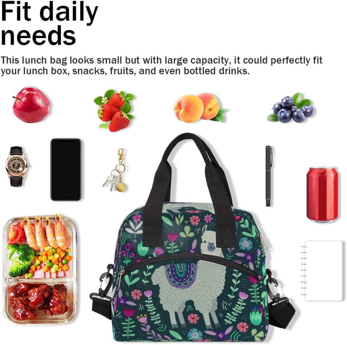 JXDXHCW Lonchera con estampado floral de alpaca, bolsa aisladaenfriadora para mujeres, hombres, niñas, niños, bolsa de almuerzo con correa ajustable
