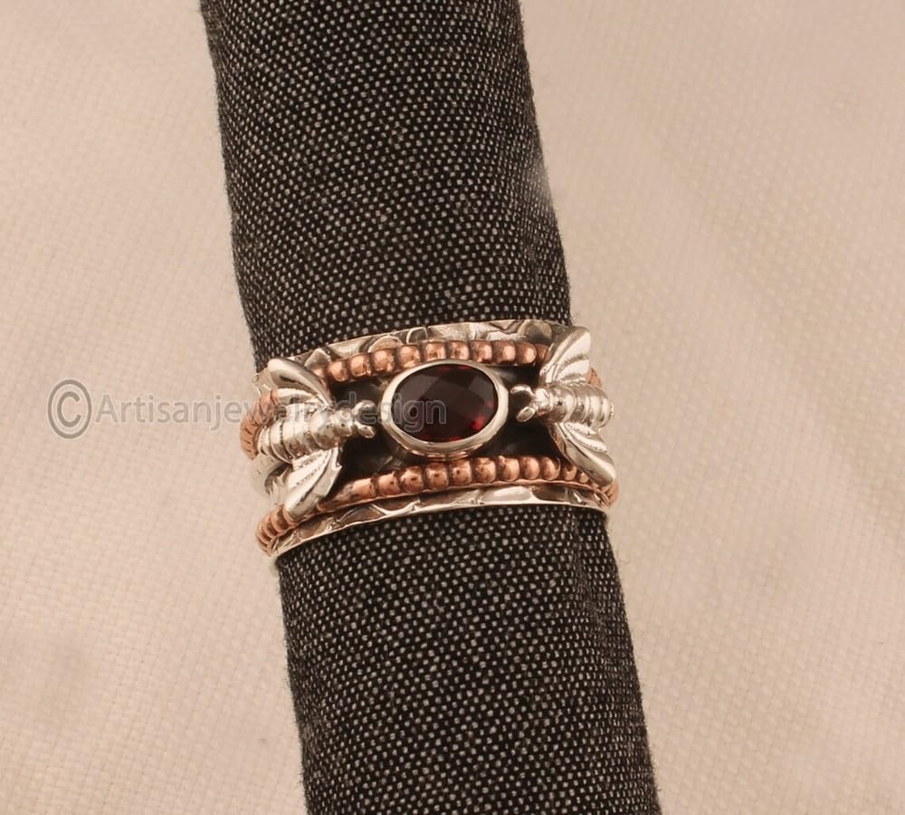 925 Silver Ring, Handmade Ring Women, Spiritual Spinner Ring, Fidget Spinner Ring, Minimalist Ring Silver, Natural Garnet Ring, Bohemian Silver