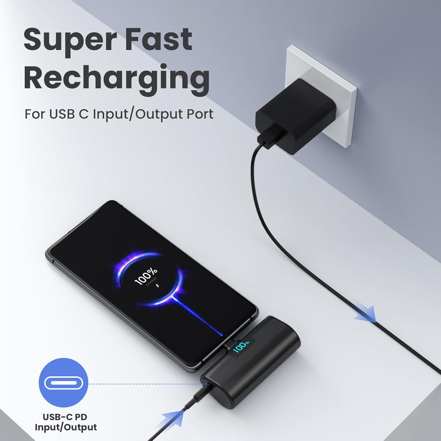 Paquete de 2 Cargador portátil pequeño de 5200 mAh, banco de energía PD USB C actualizado con conector USB-C integrado, pantalla LCD, batería