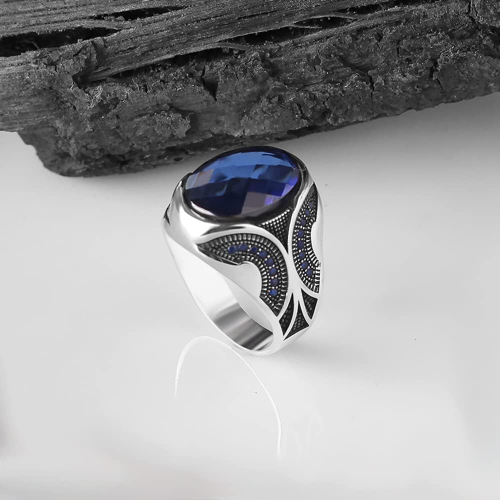925 Sterling Silver Men Silver Ring with Sapphire GemStone, Handmade Engraved Silver Ring, Gift for him, Minimalist Silver Ring (10)