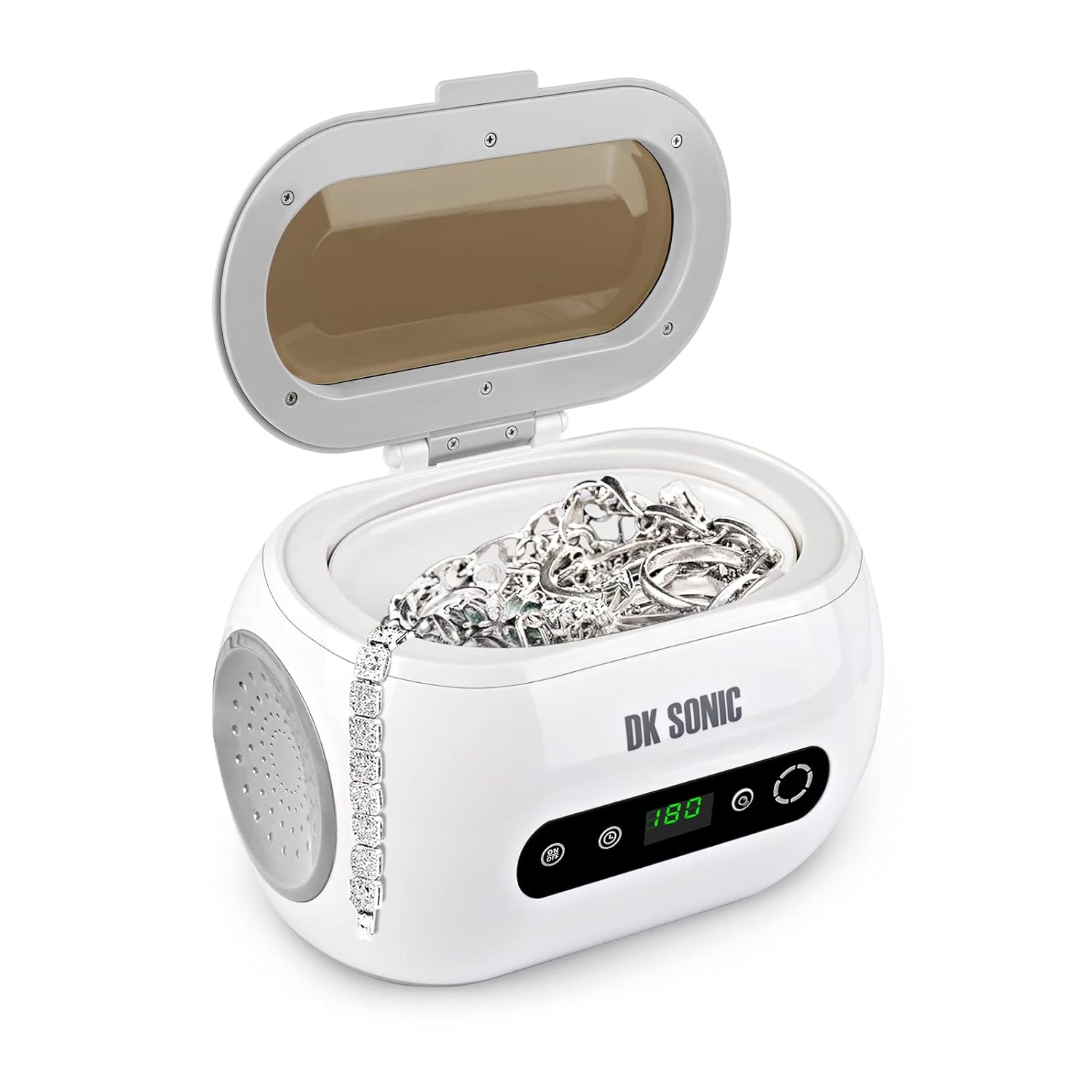 DK SONIC Limpiador ultrasónico de 42 KHz con temporizador digital y cesta para joyas, anillo, anteojos, dentadura, correa de reloj, monedas,