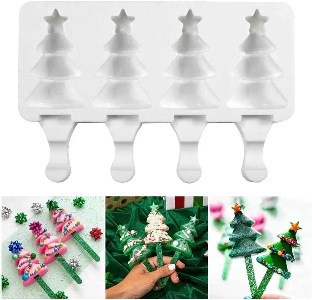 Moldes de paletas con forma de árbol de Navidad, moldes de silicona para paletas de 4 cavidades para niños y adultos, moldes para helados, moldes