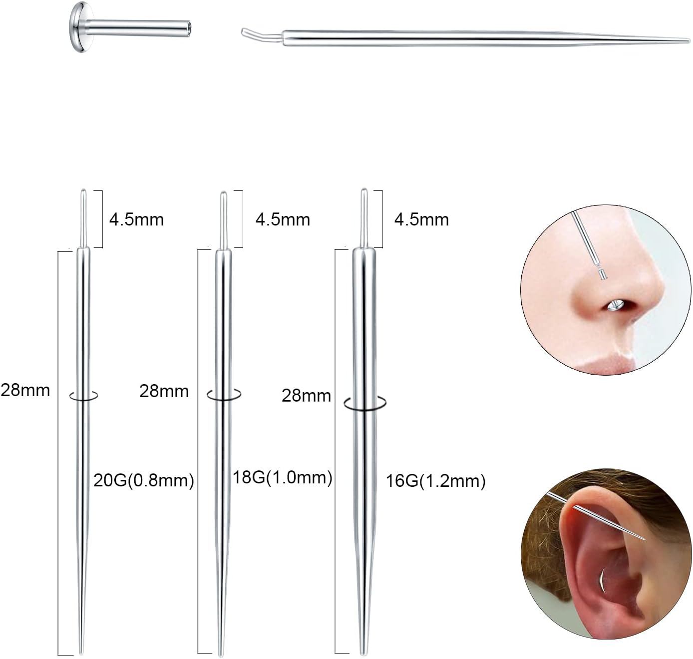 Xpircn Piercing cónico sin rosca, 20G, 18G, 16G, 14G, acero inoxidable, pasador de inserción para labio, nariz, monore, cartílago, oreja, tragus,