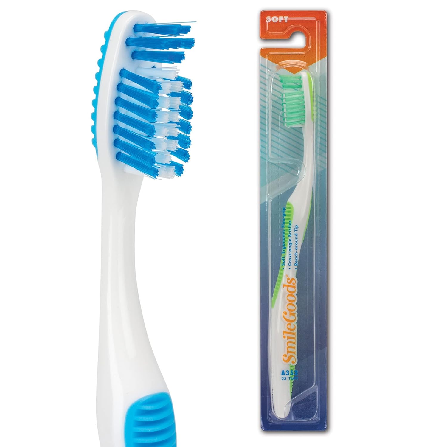 SmileGoods – Cepillo de dientes A352, 35 mechones de cerdas suaves, empaquetados individualmente, colores surtidos, paquete a granel de 72