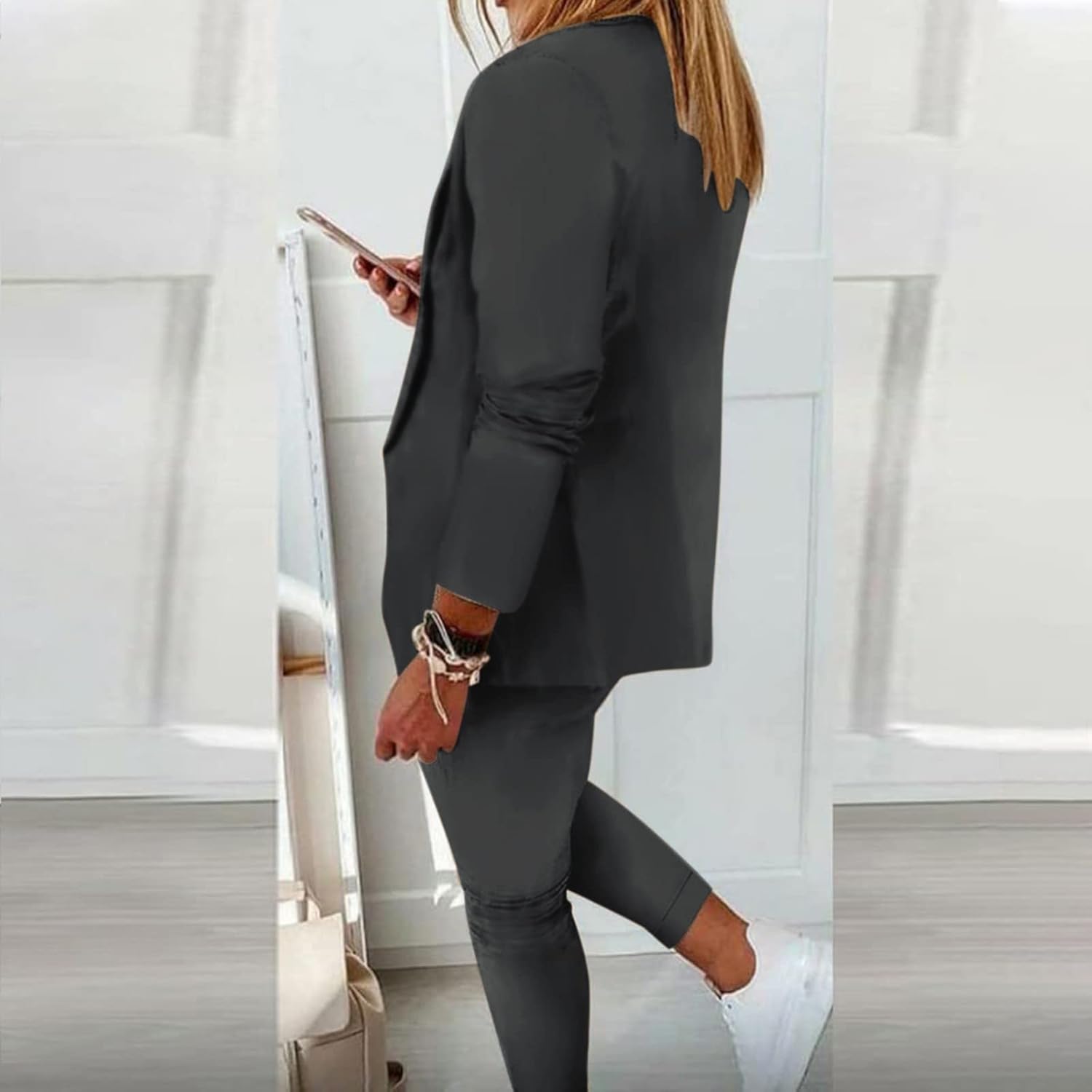 Conjunto de blazer de dos piezas para mujer, chaqueta informal de negocios con parte delantera abierta, chaqueta y pantalones de lápiz, trajes de