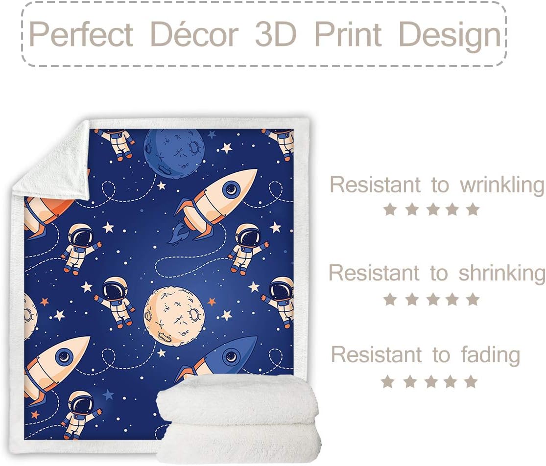 Sleepwish Manta espacial para niños y niños, manta de cohete azul oscuro, linda manta de vellón de astronauta planeta estrella para sofá, silla,