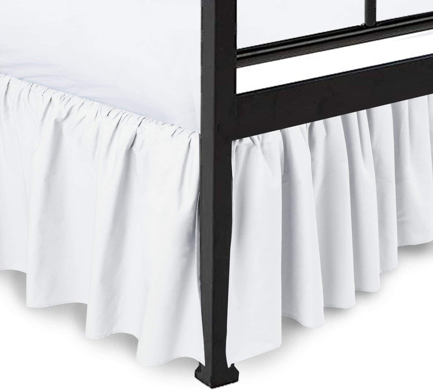 Shreem Linen Falda de cama con volantes con esquinas divididas, color blanco, falda de cama Queen, estilo recogido, fácil ajuste de hasta 15