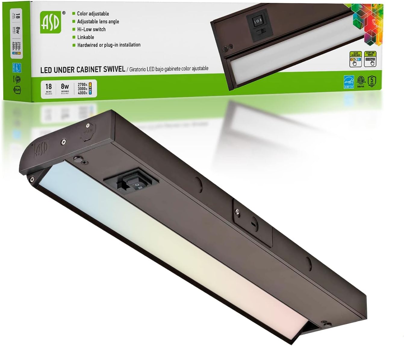 ASD Iluminación LED giratoria para debajo del gabinete, bronce de 18 pulgadas, 8 W, cableado o enchufable, 2700 K3000 K4000 K seleccionable, lente