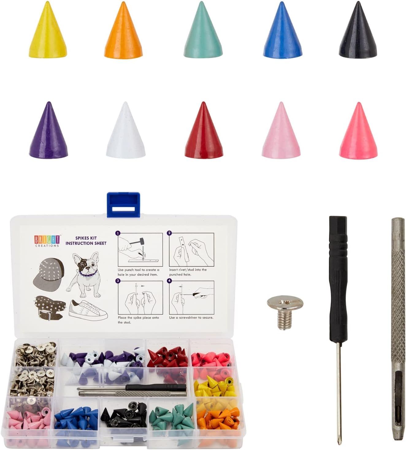 Bright Creations Juego de 230 piezas de pinchos y tachuelas coloridas para manualidades y ropa con herramientas y caja de almacenamiento de rejilla