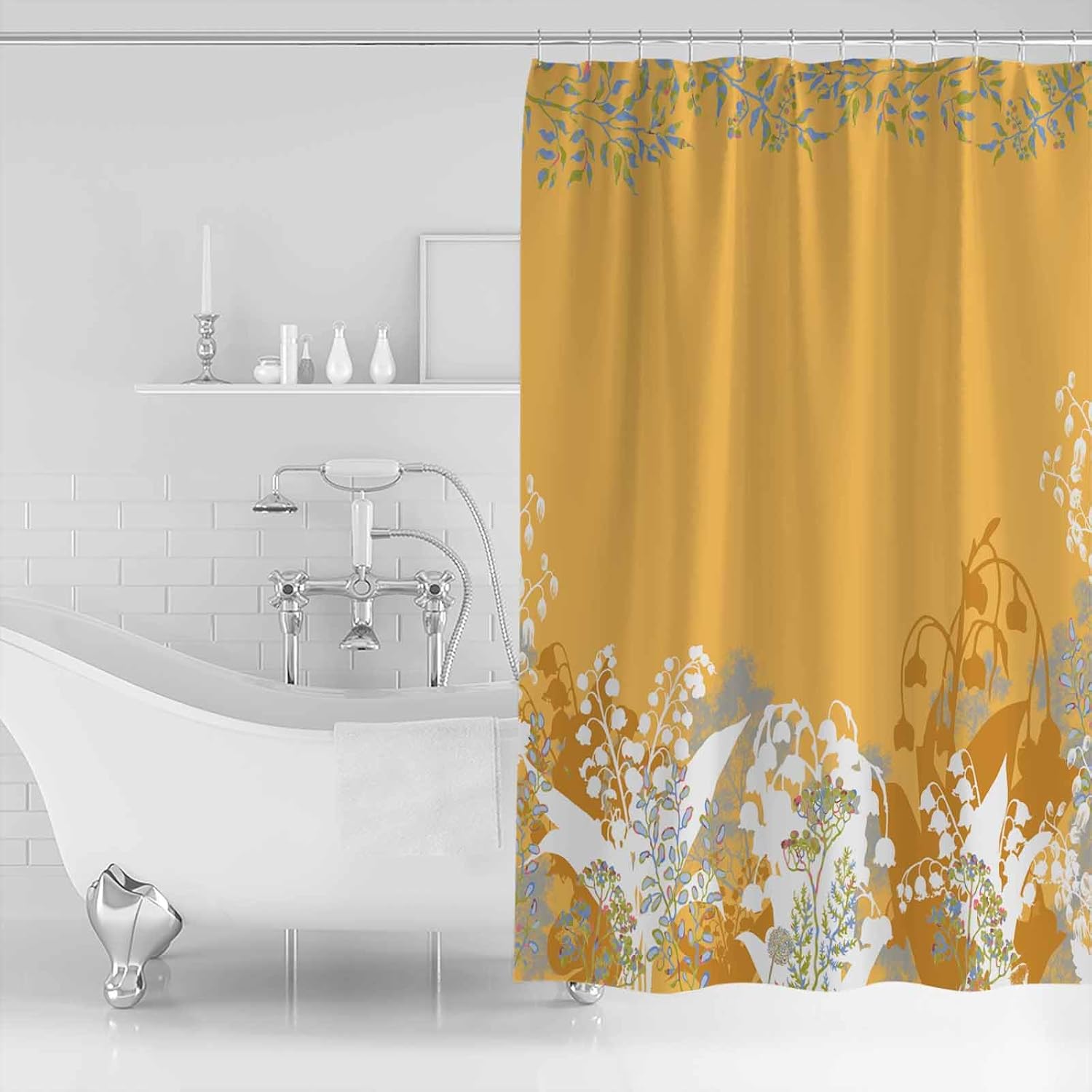 Shower Curtain Waterproof Shower Curtain for Bathroom,Bathtub,Shower, Orange Yellow Flower Floral Plant Beige Shower Curtain Set with Hooks for Home
