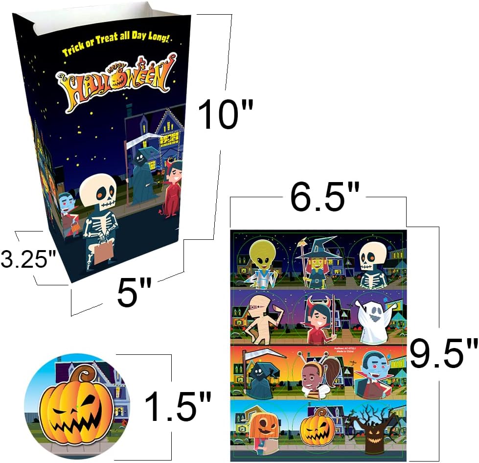 ArtCreativity Bolsas de golosinas de Halloween, juego de 24 bolsas de papel y 24 calcomanías, bolsas de dulces de Halloween de 10 pulgadas con