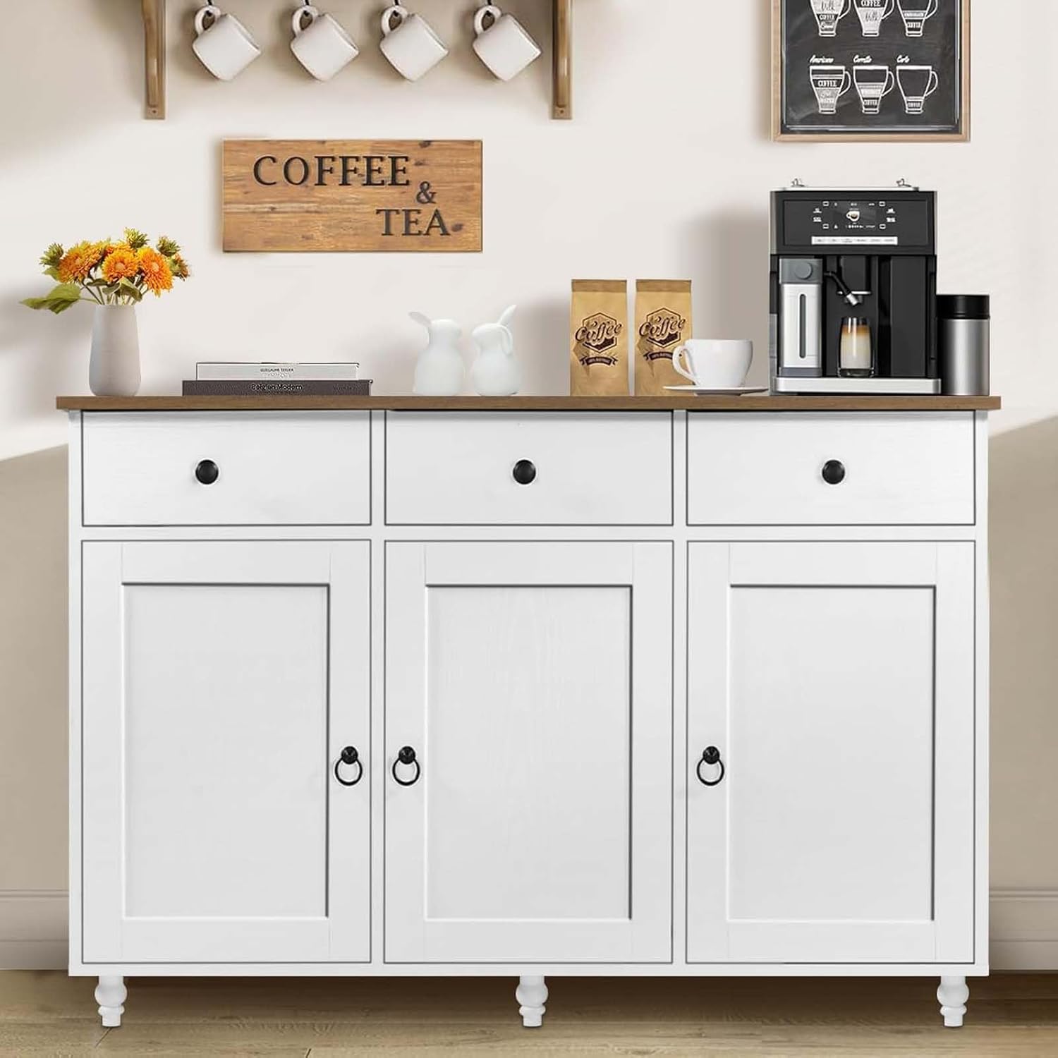 4 EVER WINNER Gabinete de barra de café con almacenamiento, gabinete de buffet de mediados de siglo con 3 cajones de almacenamiento y patas de