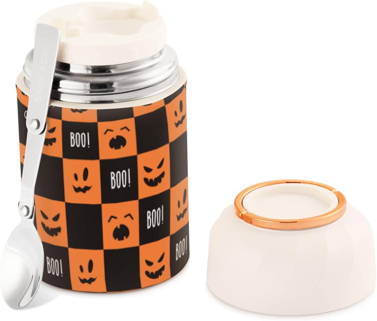 Faces Halloween – Recipientes de comida aislados para niños y mujeres con cuchara de 17 onzas  16.9 fl oz, recipientes para almuerzo de acero