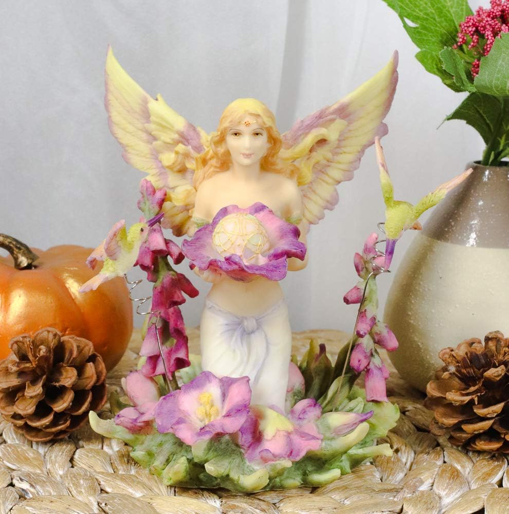 Ebros Gift Jody Bergsma Faith Fairy Naiad – Estatua de flores moradas con colibríes, 5.75 pulgadas de alto, figura mágica de jardín de hadas en