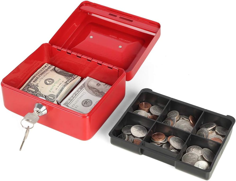 Decaller – Caja de efectivo pequeña con cerradura de llave, portátil de metal con doble capa y 2 llaves para seguridad, rojo, 15,7 x 12,7 x 7,62 cm,