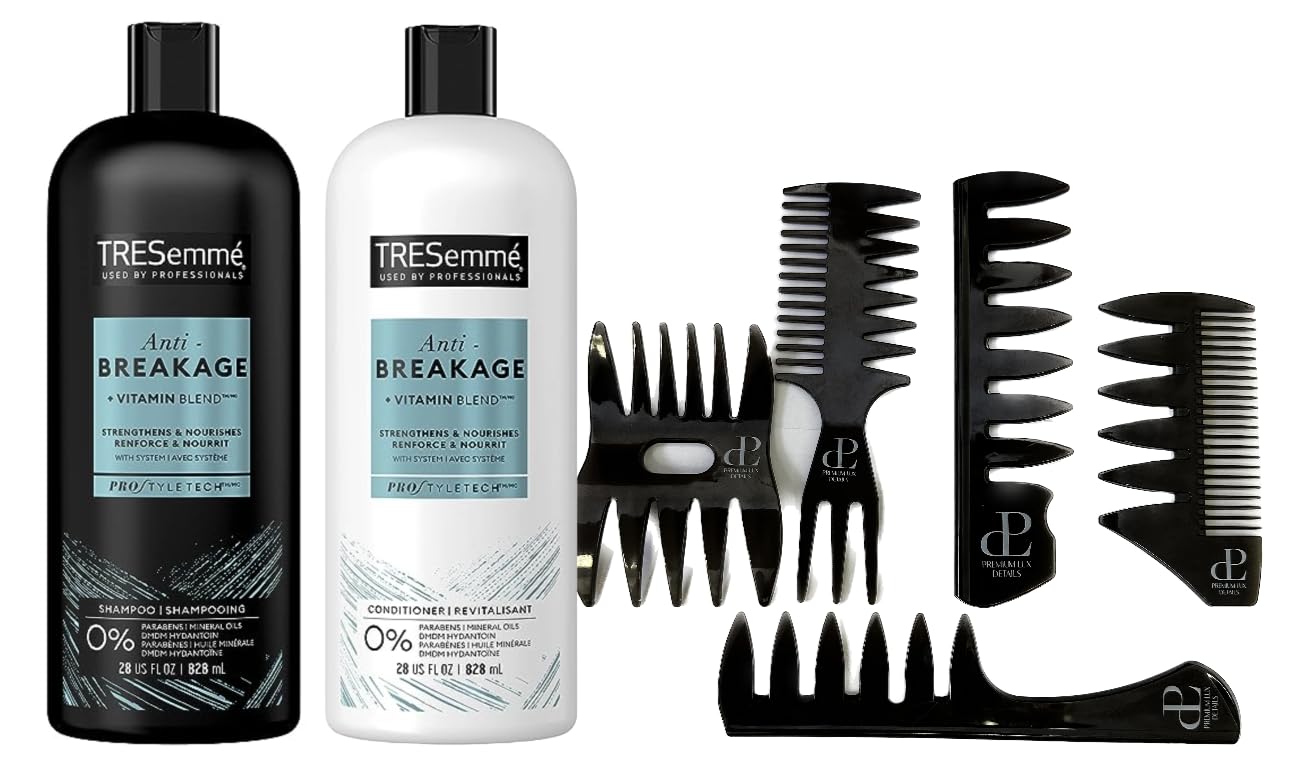 TRESemme – Paquete de champú de 28 onzas con acondicionador TRESemme de 28 onzas con juego de peine clásico Premium Lux Details (antirotura)