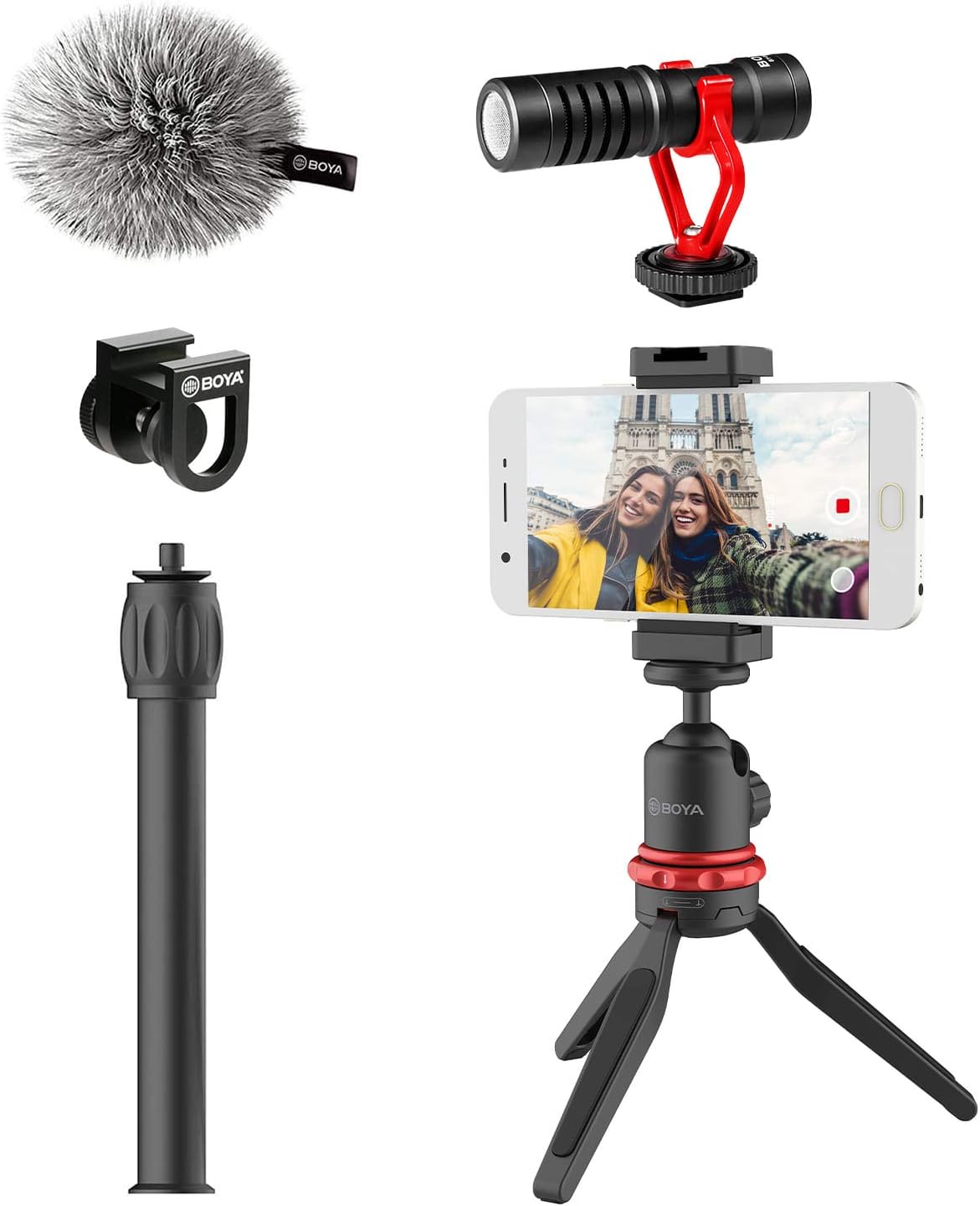 BOYA Kit de video para teléfono inteligente con micrófono de escopeta by-MM1, mini trípode estabilizador de abrazadera para teléfono para iPhone,