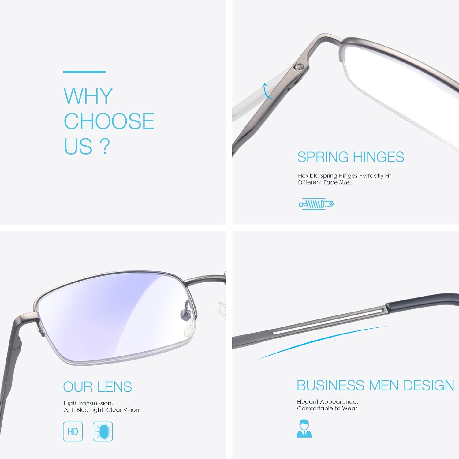 Paquete de 2 lentes de lectura progresivos multienfoque duraderos para hombres, bloqueo de luz azul, lector de computadora, antifatiga ocular, marco