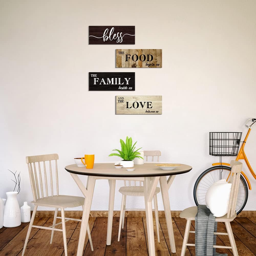 Creoate Letreros de cocina para decoración de pared, 4 piezas de madera con texto en inglés “Bless Food” para decoración de pared de cocina,