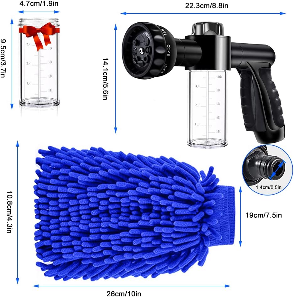 Boquilla de lavado de autos, boquilla de manguera de alta presión, pulverizador de 8 patrones de manguera con 2 dispensadores de jabón de 3.5 onzas