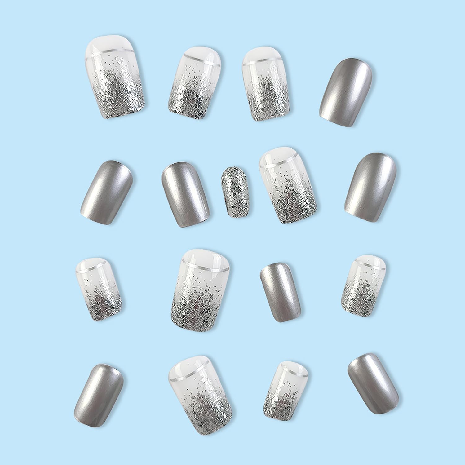 24 uñas postizas cuadradas de color plateado brillante, de cobertura completa, con diseños de purpurina plateada, uñas postizas acrílicas con
