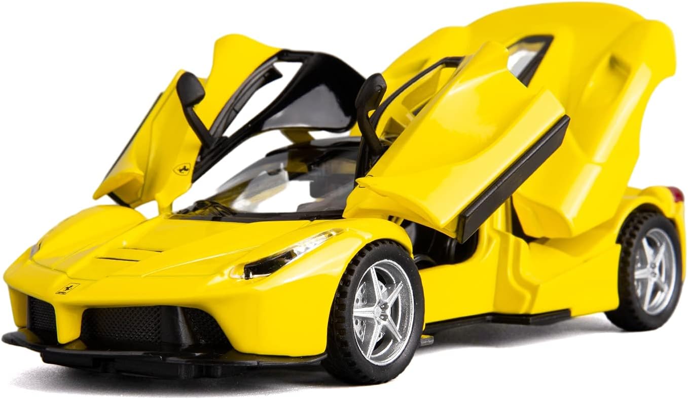 BDTCTK Compatible con el modelo de automóvil Ferrari 132 con sonido y luz para niños y niñas, juguete para puerta de cuerpo de metal, color amarillo