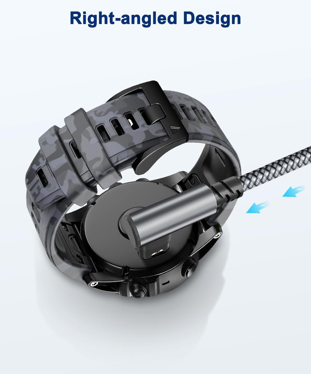 RUXELY Cable de carga en ángulo derecho para Garmin Watch de 4 pies, paquete de 2, cable de alimentación de nailon de 90 grados para Fenix 7 6 5 7X
