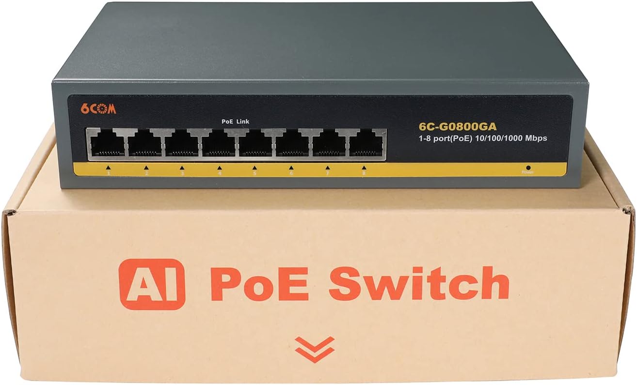 6COM 8 puertos Gigabit PoE Switch, 8 puertos PoE+ 120W 1000Mbps, Plug & Play, 802.3afat, metal sin ventilador no administrado, protección limitada