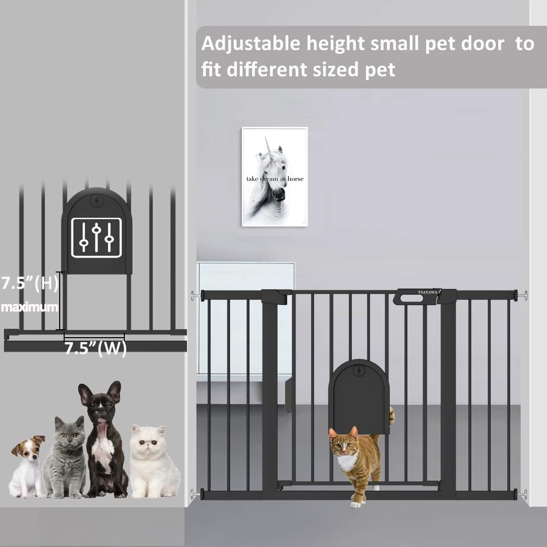 Mom’s Choice Awards Winner-TSAYAWA – Puerta de bebé con puerta para gatos de 30 a 40.5 pulgadas de ancho, color negro, para caminar a través de una