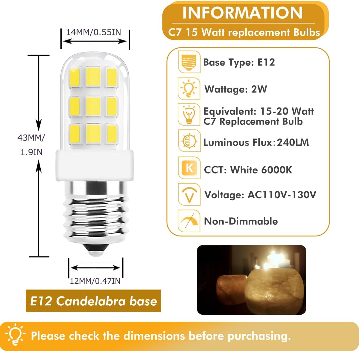 ZSSXOLED Paquete de 5 Bombilla LED C7 E12 de 2 W, bombillas de repuesto C7 para lámparas de sal del Himalaya de 15 a 20 W, base de candelabro E12,