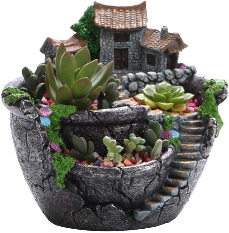 Plantas de jardín creativas maceta suculenta casa de hadas con dulce casa de flores cesta de flores para el hogar, oficina, balcón decoración adornos