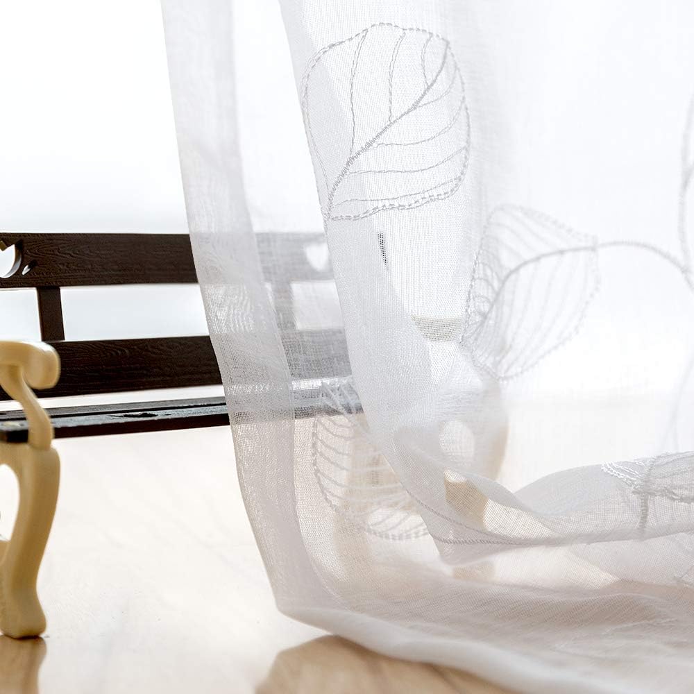 Topick Cortinas transparentes con diseño bordado de hojas, bolsillo para barra, cortinas para ventana de cocina, 2 paneles de 24 pulgadas, color
