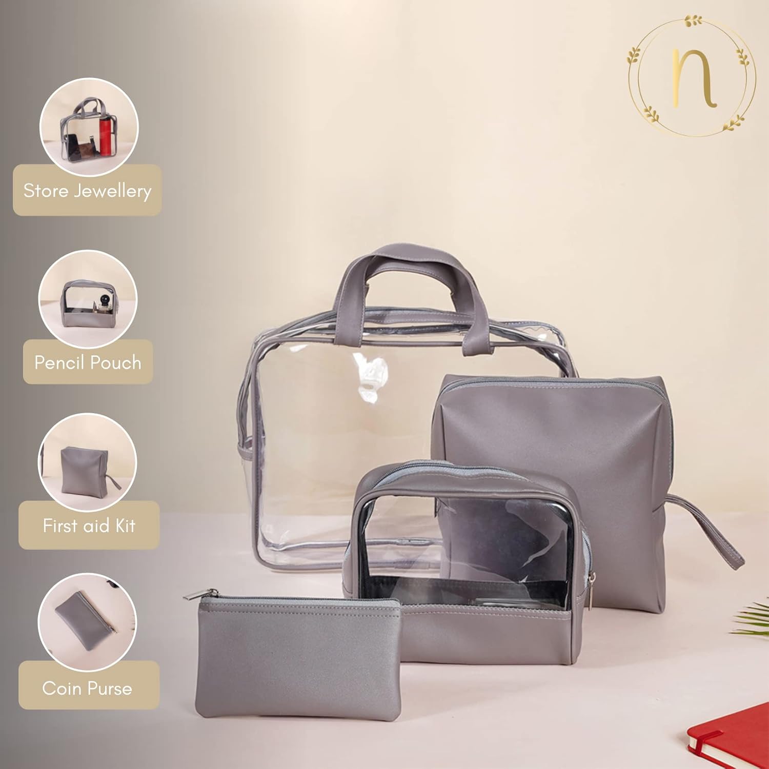 Nestasia Juego de 4 bolsas de viaje multiusos de cuero vegano para almacenamiento  Bolsas de cosméticos con cremallera, organizadores de maquillaje