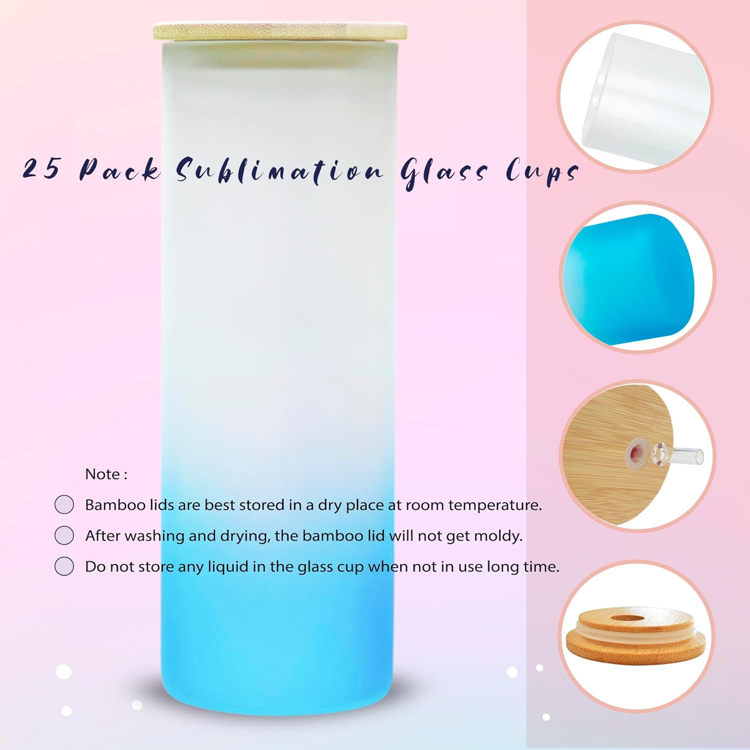 Paquete de 25 vasos de vidrio esmerilado con tapas y pajitas, vasos de vidrio sublimación de color degradado de 25 onzas, vasos de sublimación de