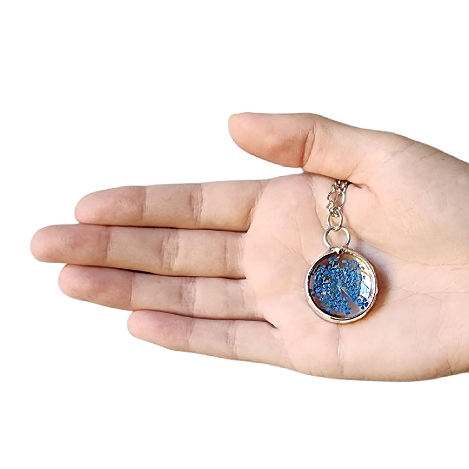 Queen Anne’s Lace Necklace for Women Blue Real Pressed Flowers in Glass Pendant Handmade by Bayou Glass Arts Natural Wildflower Jewelry Gift for