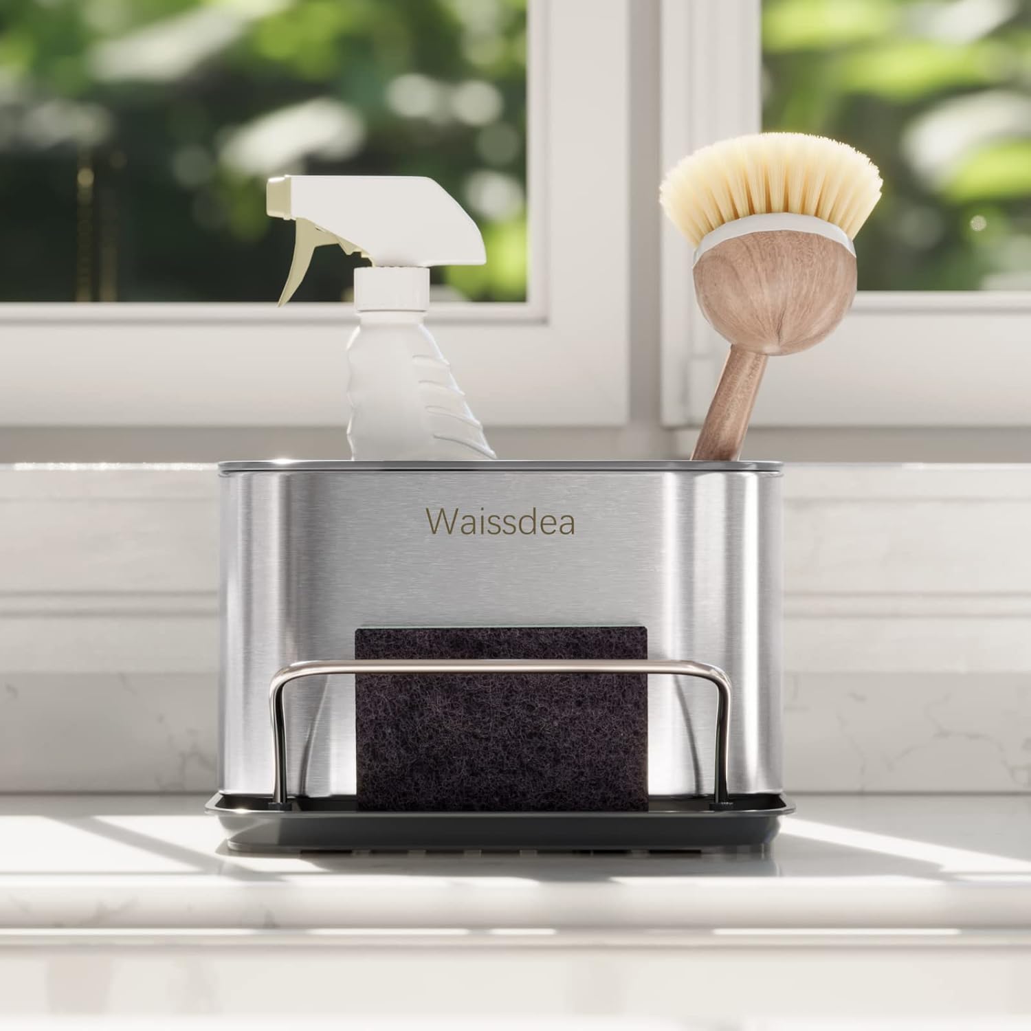 Dispensador de jabón para fregadero de cocina, organizador de fregadero de cocina, soporte de esponja de acero inoxidable, fácil de limpiar, bandeja